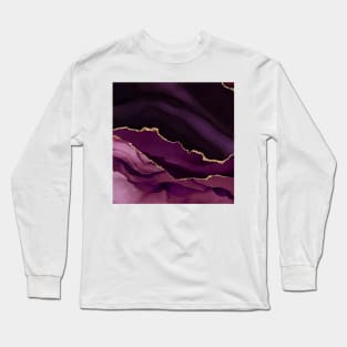 Watercolor Agate in Burgundy and Dusty Rose Faux Gold Glitter Veins Long Sleeve T-Shirt